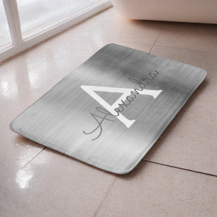 Alfombrilla De Baño Nombre de monograma Metalizado cepillado plateado 