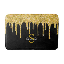 Alfombrilla De Baño Nombre de monograma negro con gotas de purpurina d