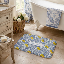 Alfombrilla De Baño Nombre de patrón botánico de limón azul vintage
