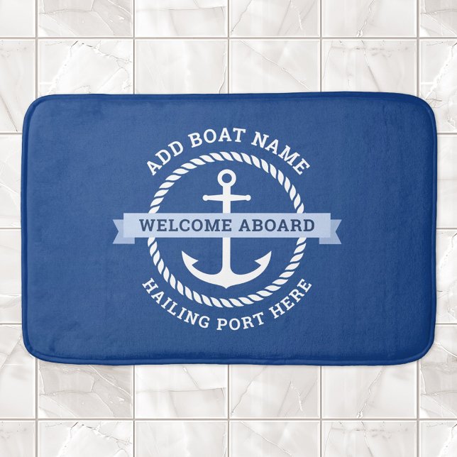 Alfombrilla De Baño Nombre del barco fronterizo de la cuerda de anclaj (Anchor rope border boat name welcome aboard bath mat)