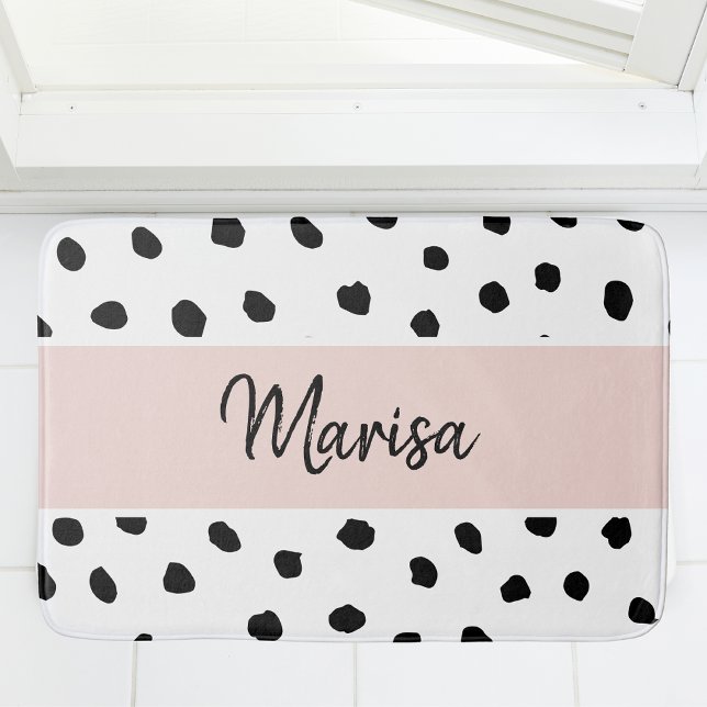 Alfombrilla De Baño Nombre moderno del monograma | Puntos rosados y ne (Subido por el creador)