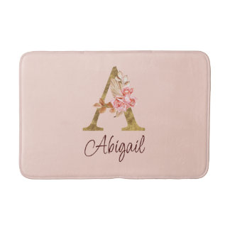 Alfombrilla De Baño Nombre personalizado Blush rosas rosadas hoja dora