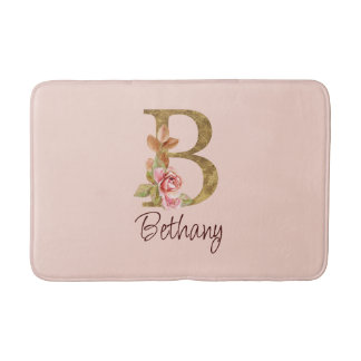Alfombrilla De Baño Nombre personalizado Blush rosas rosadas hoja dora