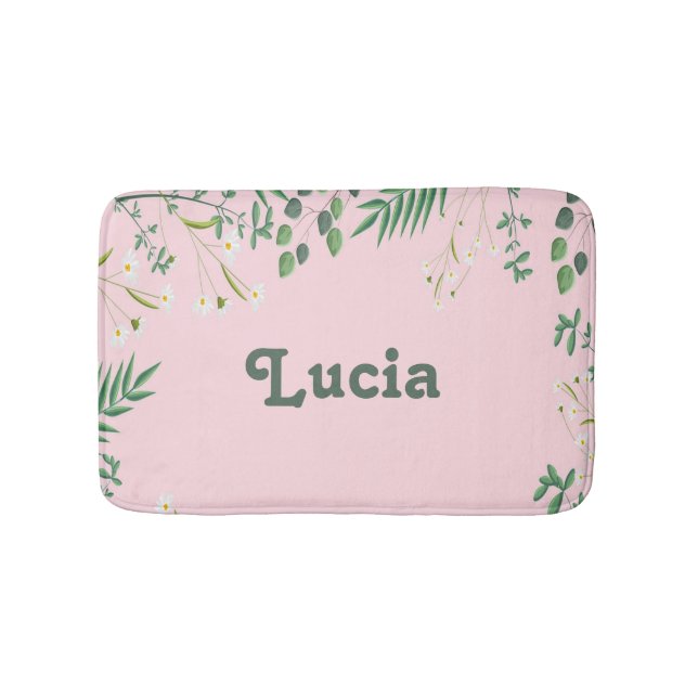 Alfombrilla De Baño Nombre personalizado de hojas verdes en rosa (Anverso)