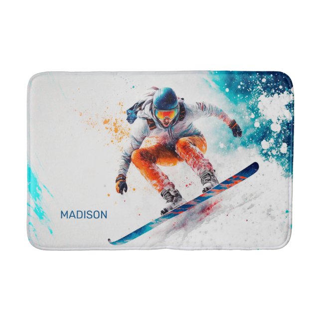 Alfombrilla De Baño Nombre personalizado Ilustracion Snowboarder (Anverso)