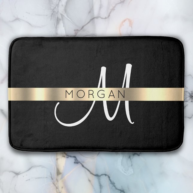 Alfombrilla De Baño Nombre y Monograma Grande, Oro Blanco Negro (Subido por el creador)