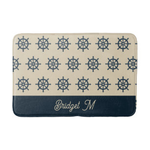 Alfombrilla De Baño noria de barco azul marino y Monograma Beige hogar