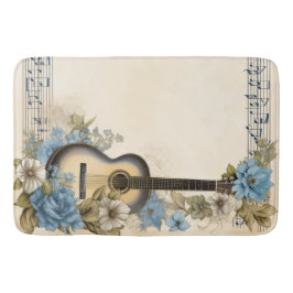 Alfombrilla De Baño Notas de música de guitarra azul flores