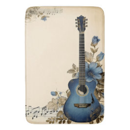 Alfombrilla De Baño Notas de música de guitarra azul flores