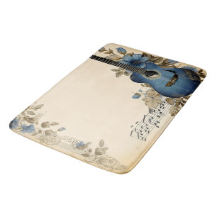 Alfombrilla De Baño Notas de música de guitarra azul flores