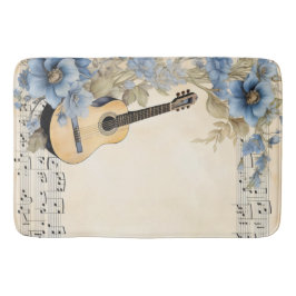 Alfombrilla De Baño Notas de música de guitarra azul flores