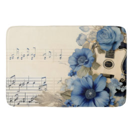 Alfombrilla De Baño Notas de música de guitarra azul flores