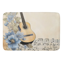 Alfombrilla De Baño Notas de música de guitarra azul flores