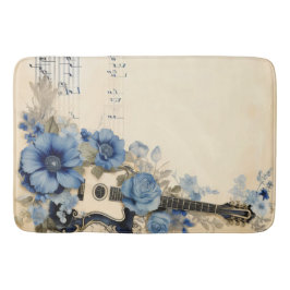Alfombrilla De Baño Notas musicales de guitarra azul Flores