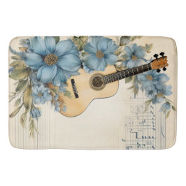 Alfombrilla De Baño Notas musicales de guitarra azul flores