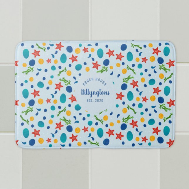 Alfombrilla De Baño Ocean personalizado nombre de familia playa casa d (Custom holiday home beach sea collage bathroom mat with personalized name, year.)