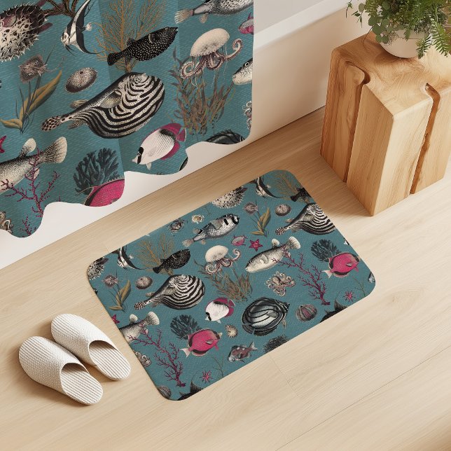 Alfombrilla De Baño Oceania Fuchsia Grey Fishes on Blue Background (Subido por el creador)