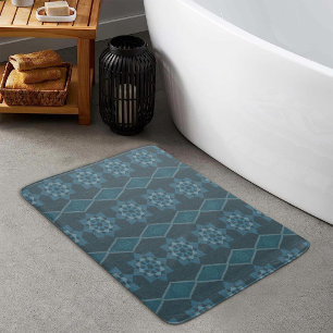 Alfombrilla De Baño Octagon floral de hojas turquesas y patrón diagona