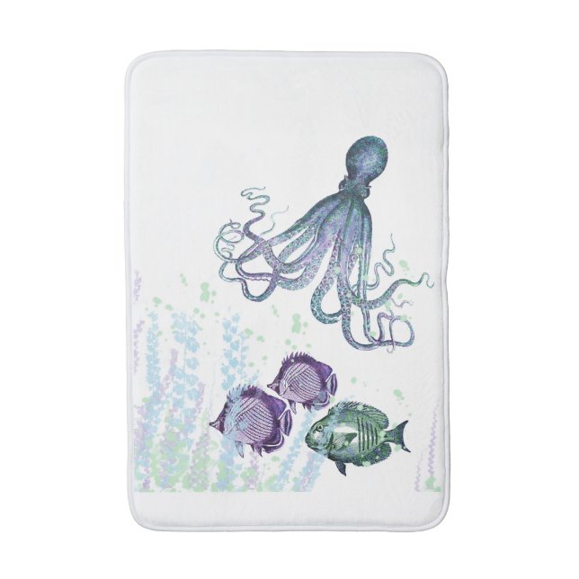 Alfombrilla De Baño Octopus oceánico índigo azul malva verde subacuáti (Frente vertical)