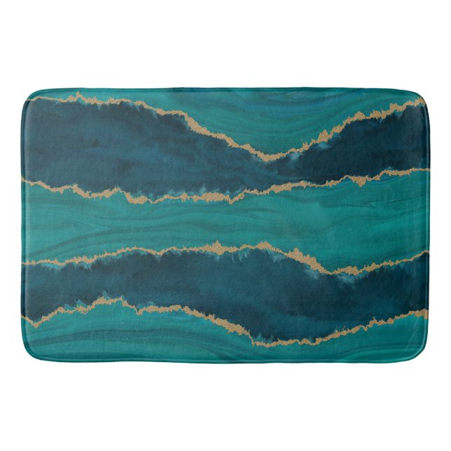 Alfombrilla De Baño Olas de Ágata Teal – Mármol abstracto con oro (Anverso)