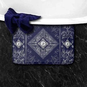 Alfombrilla De Baño Opulencia azul y plata   Ornate Jewled Baroque