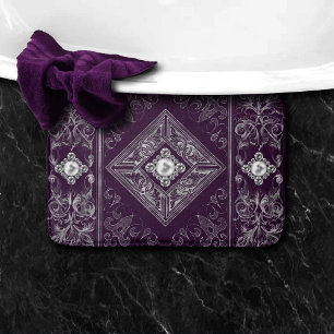 Alfombrilla De Baño Ornate Opulence   Prosperar joyas moradas y platea
