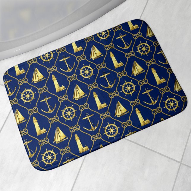 Alfombrilla De Baño Oro Náutico Costero y Nudos de Cuerdas Azules (Subido por el creador)