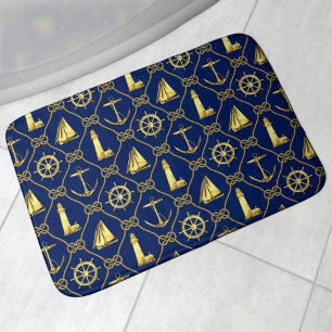 Alfombrilla De Baño Oro Náutico Costero y Nudos de Cuerdas Azules