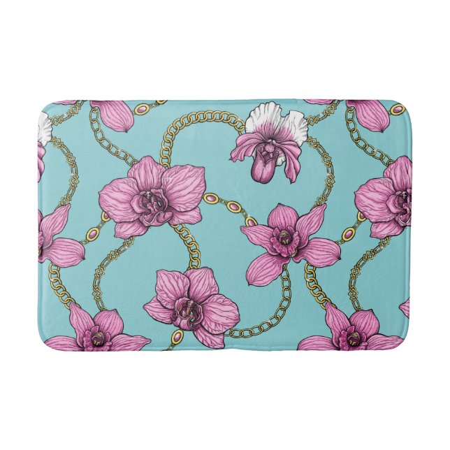 Alfombrilla De Baño orquídeas y cadenas, rosa y azul (Anverso)