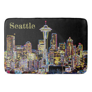 Alfombrilla De Baño Oscuro sea la noche - Luminoso Skyline Seattle