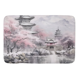 Alfombrilla De Baño Pagoda de flores de sakura japonesa rosa gris