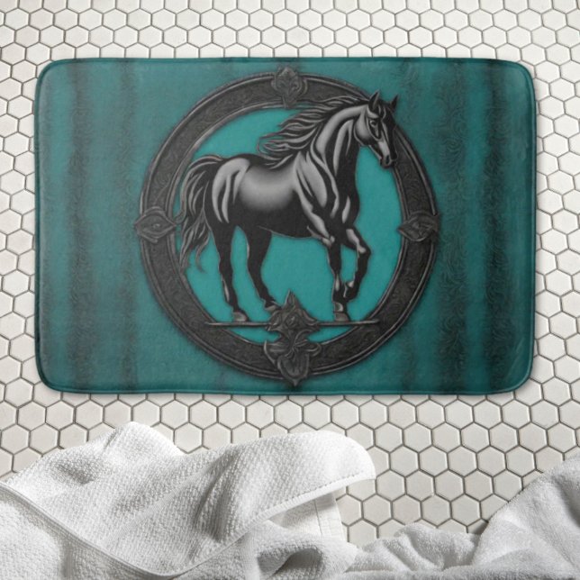 Alfombrilla De Baño País Occidental Ecuestre Verde azulado Caballo Neg (Western Country Equestrian Teal Black Horse Bath Mat)
