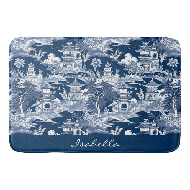 Alfombrilla De Baño Paisaje de estilo asiático Chinoiserie Blanco azul (Anverso)