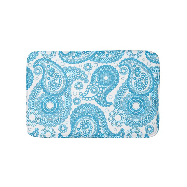 Alfombrilla De Baño Paisley Azul Sobre Fondo Blanco (Anverso)