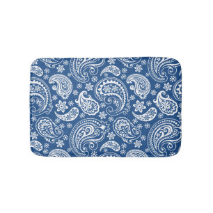Alfombrilla De Baño Paisley blanca y azul de la marina