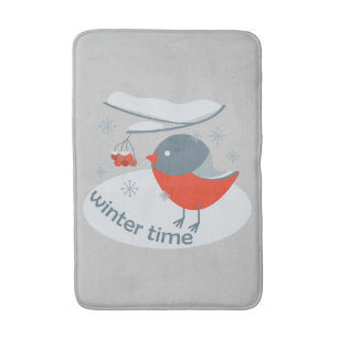 Alfombrilla De Baño Pájaro bullfinch de invierno y bayas rojas