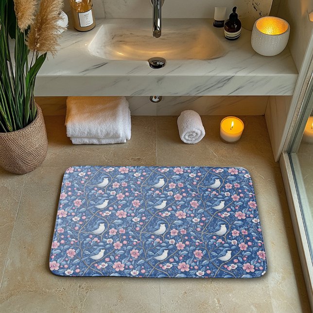 Alfombrilla De Baño Pájaros Azules Bonitos Rosas Rosadas Elegantes (Subido por el creador)