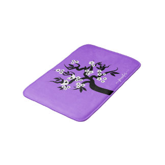 Alfombrilla De Baño Pájaros negros, blancos de amor, cerezo morado