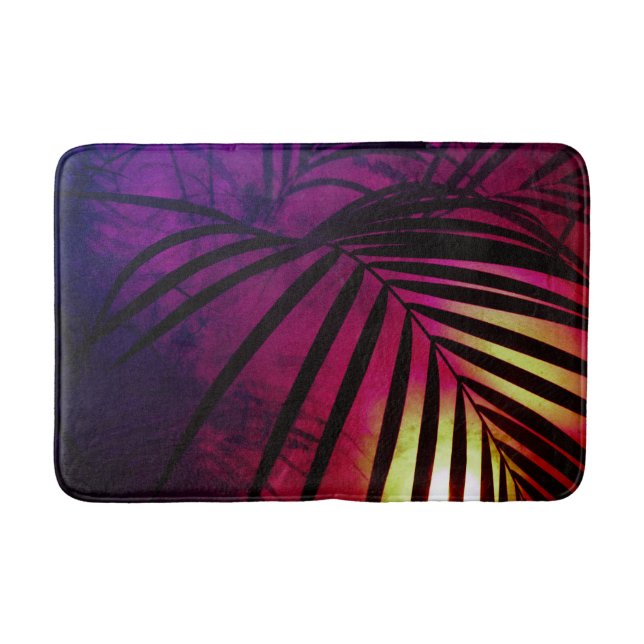 Alfombrilla De Baño Palm leaf sunset púrpura tropical púrpura negro (Anverso)