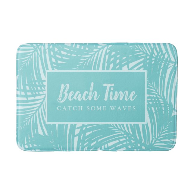 Alfombrilla De Baño Palm Leaves Beach Time Mod Turquoise Blue Pattern (Anverso)