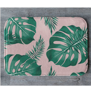 Alfombrilla De Baño Palm rosa y verde tropical deja un patrón sin mar