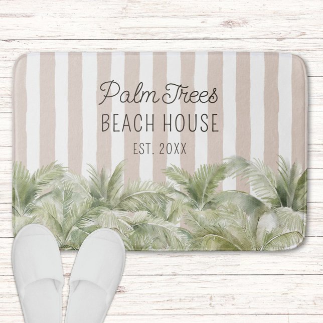 Alfombrilla De Baño Palm Trees Tropicales Beige Stripes Beach House (In situ)