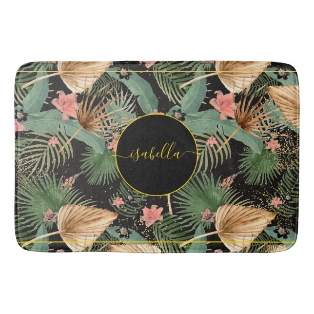 Alfombrilla De Baño Palm Verde Tropical Sale Monograma Mat de Baño Neg (Anverso)