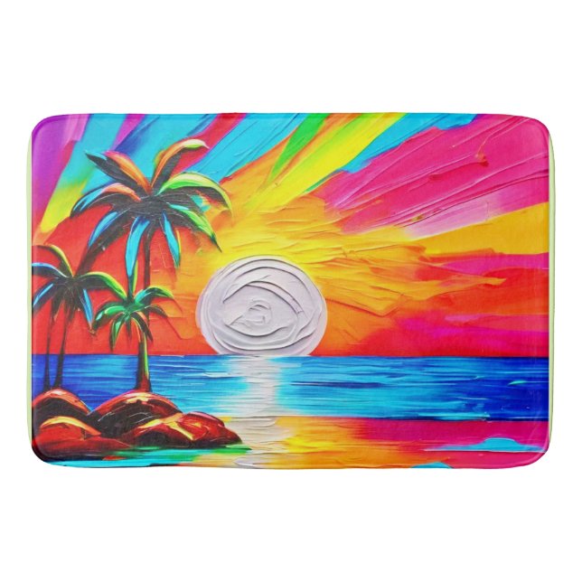Alfombrilla De Baño Palmeras y pintura de fondo de sol (Anverso)