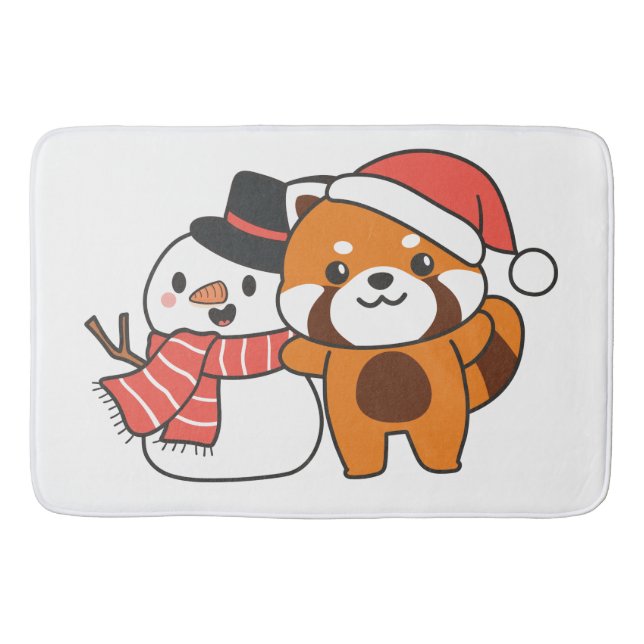 Alfombrilla De Baño Panda Rojo Con Snowman En Invierno Para Navidades (Anverso)
