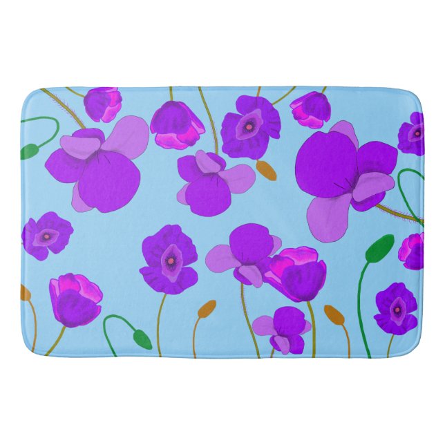 Alfombrilla De Baño Papaver Poppy Lilac sobre fondo pálido-azul (Anverso)