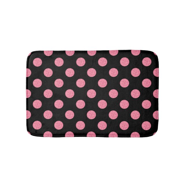 Alfombrilla De Baño Paquetes de polka rosados sobre fondo negro (Anverso)