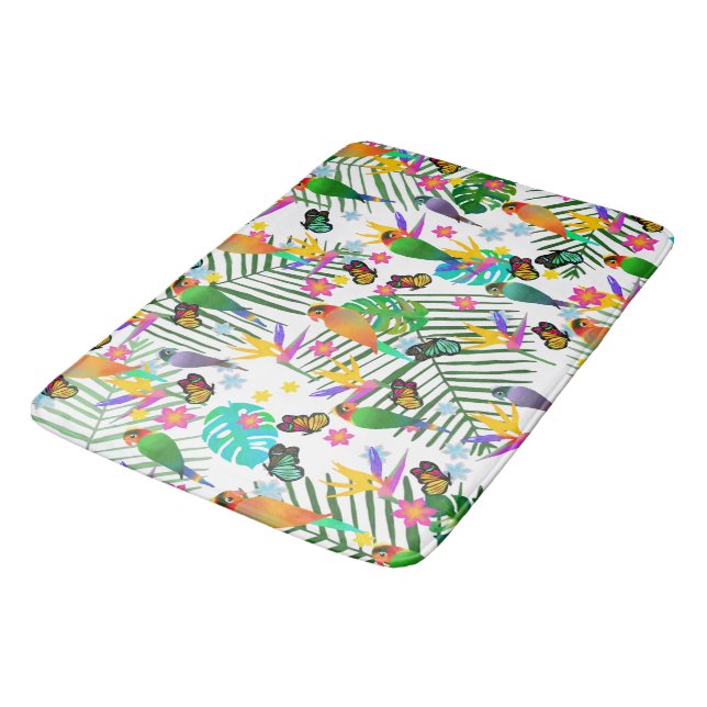 Alfombrilla De Baño Paraíso tropical Verde deja pájaros florales (Angular)