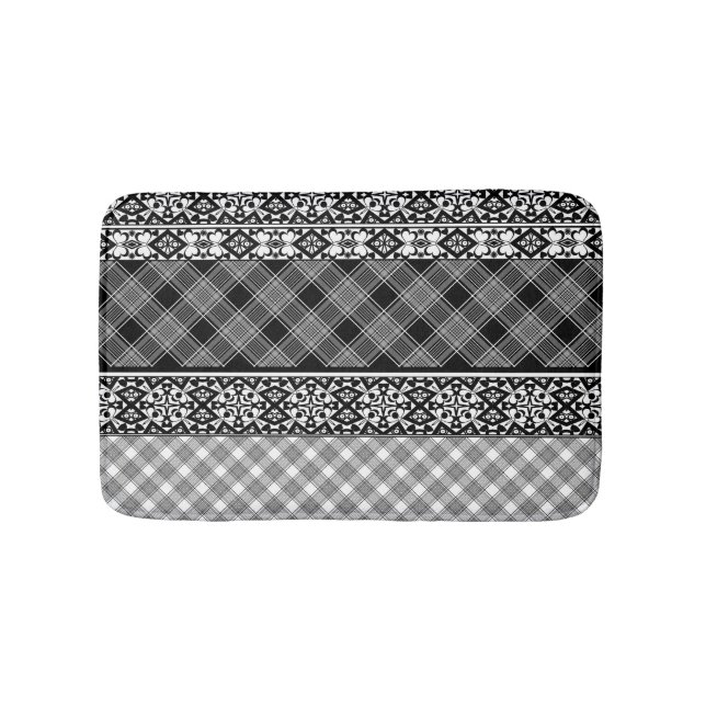 Alfombrilla De Baño Parches de rayas blancas y negras con encaje (Anverso)