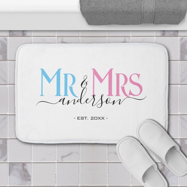 Alfombrilla De Baño Pareja de recién casados Sr. y Sra. aniversario de (pink and blue mr and mrs wedding anniversary bathroom decoration white bathmat)